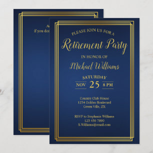 Retirement Corporate Elegant Blue Gold Invitation