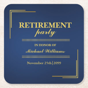 Retirement Corporate Elegant Blue Gold Square Paper Coaster