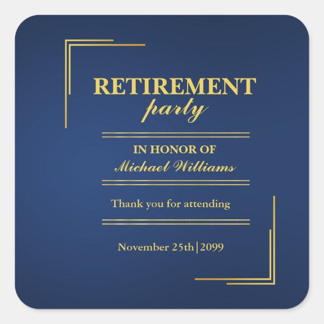 Retirement Corporate Elegant Blue Gold Square Sticker (Front)