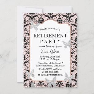 Retirement Damask Blush Pink Glitter Butterfly Invitation
