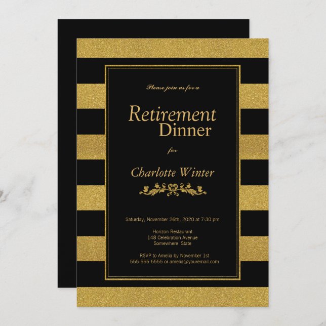 Retirement Dinner Black and Gold Glitter Striped Invitation (Front/Back)