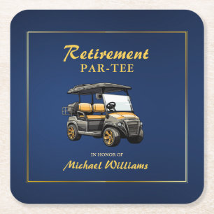 Retirement Elegant Golf Theme Cart Blue Gold Square Paper Coaster