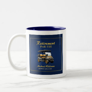 Retirement Elegant Golf Theme Cart Blue Gold Two-Tone Coffee Mug
