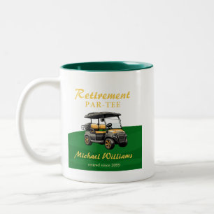 Retirement Elegant Golf Theme Cart Green Gold Two-Tone Coffee Mug