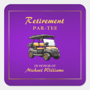 Retirement Elegant Golf Theme Cart Purple Gold Square Sticker