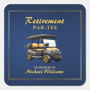 Retirement Elegant Golf Theme Grey Cart Blue Gold Square Sticker
