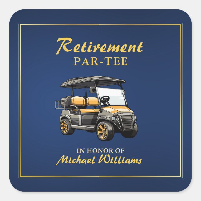 Retirement Elegant Golf Theme Grey Cart Blue Gold Square Sticker (Front)