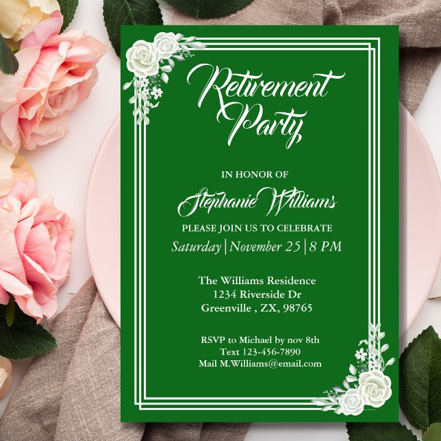 Retirement Elegant Script Green White Rose Party  Invitation (Creator Uploaded)