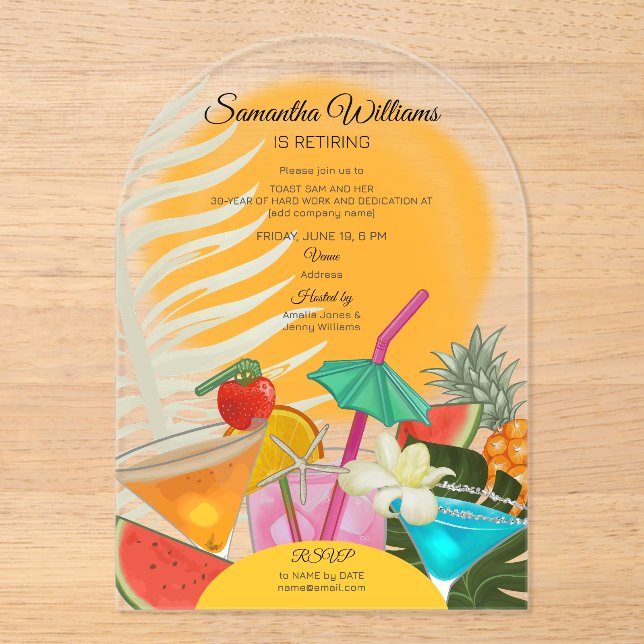 Retirement Farewell Tropical Beach Cocktail Party Acrylic Invitations (Front)