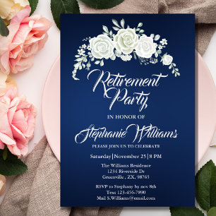 Retirement Female Party Vintage White Rose Border Invitation