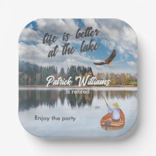 Retirement fishing at the lake watercolor paper plate