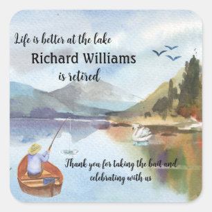 Retirement fishing at the lake watercolor square sticker