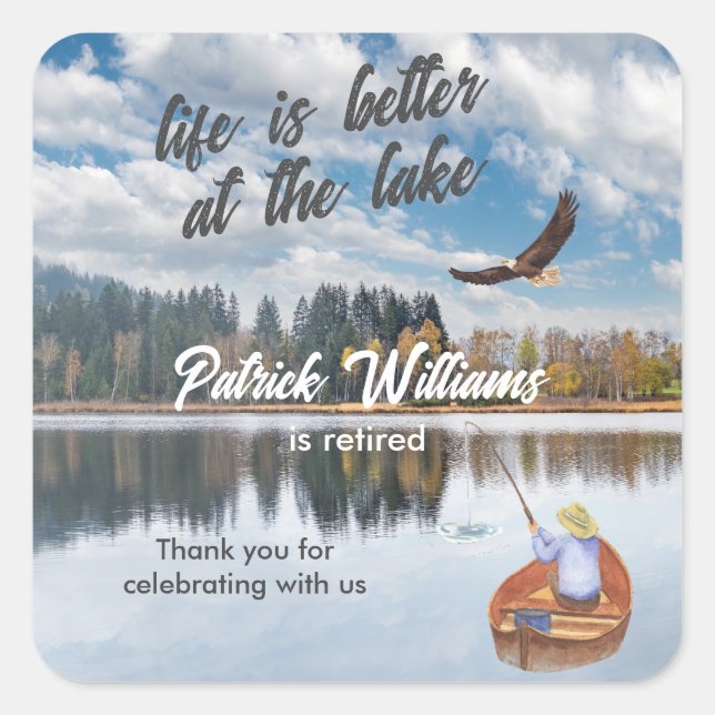 Retirement fishing at the lake watercolor square sticker (Front)
