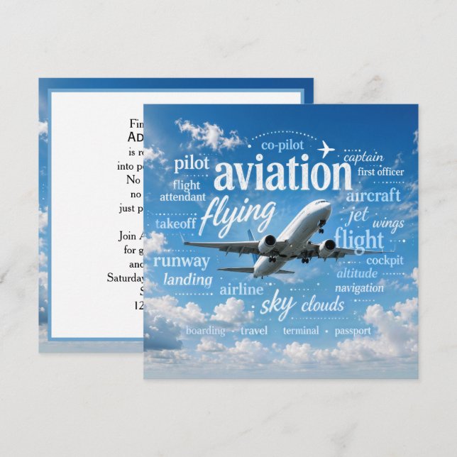 Retirement for Pilot Airplane in Word Cloud Invitation (Front/Back)