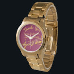 Retirement gold music notes burgundy music teacher watch<br><div class="desc">Simple and elegant retirement gift for a female music teacher! A classic burgundy coloured background with faux gold music notes. Template for a name,  and the thext: Thank You,  golden letters.   Thank you is written with a modern hand lettered style script.</div>