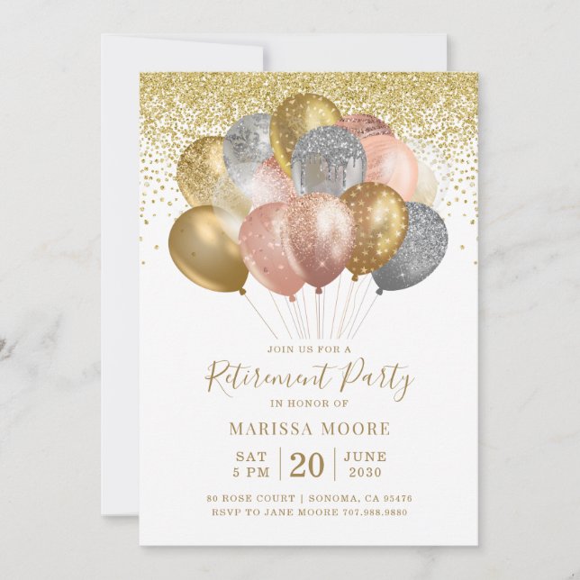 Retirement Gold Rose Gold Glitter Balloons Invitation (Front)