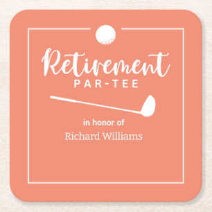 Retirement Golf Ball Tee Flag Modern Peach Square Paper Coaster