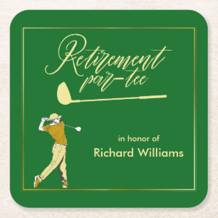 Retirement Golf Party Classic Green Golden Player  Square Paper Coaster