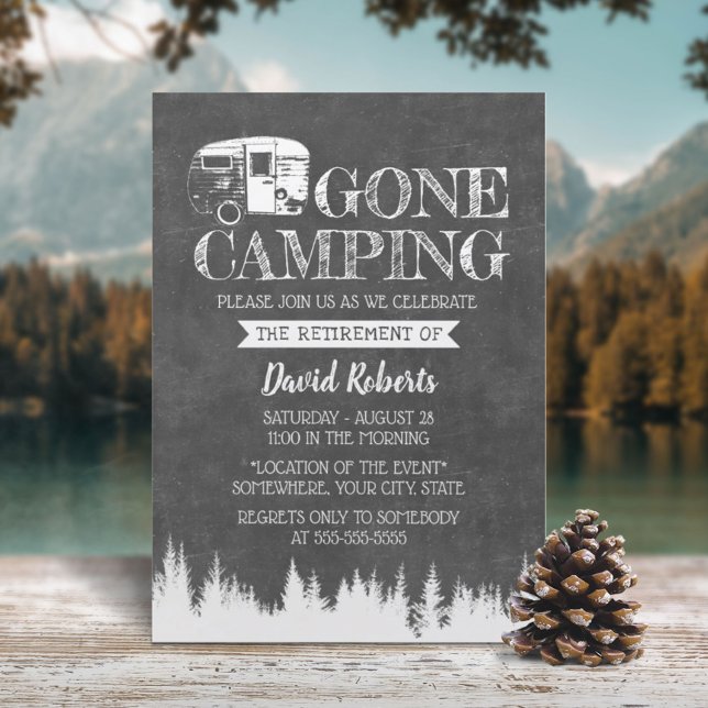 Retirement Gone Camping Rustic Forest Chalkboard Invitation (Creator Uploaded)