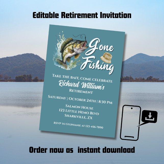 Retirement Gone Fishing Big Fish Retired Fisherman Invitation (Creator Uploaded)