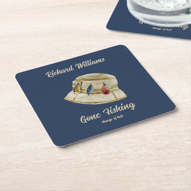 Retirement Gone Fishing Retired Fisherman Hat Square Paper Coaster (Angled)