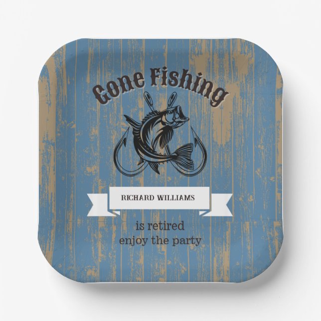 Retirement Gone Fishing Retired Rustic Wood Paper Plate (Front)