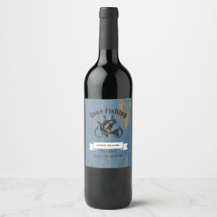 Retirement Gone Fishing Retired Rustic Wood Wine Label