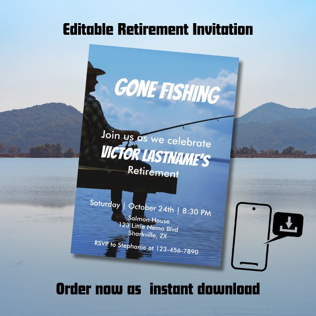 Retirement Gone Fishing Sunset Retired Fisherman Invitation (Creator Uploaded)