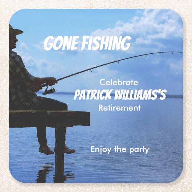 Retirement Gone Fishing Sunset Retired Fisherman Square Paper Coaster (Front)
