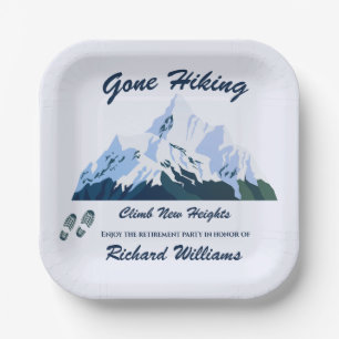 Retirement Gone Hiking Snowy Mountains Happy Trail Paper Plate