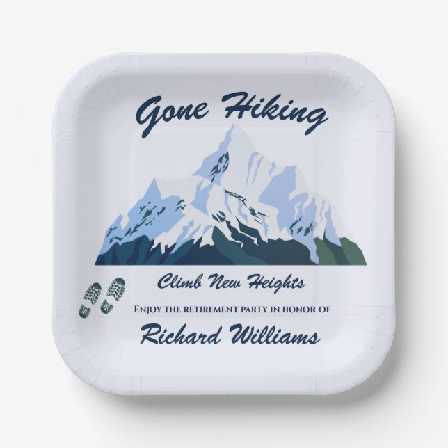 Retirement Gone Hiking Snowy Mountains Happy Trail Paper Plate (Front)