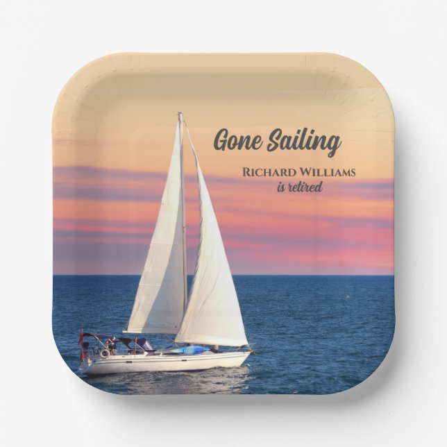 Retirement Gone Sailing Sailboat Sunset Ocean Paper Plate (Front)