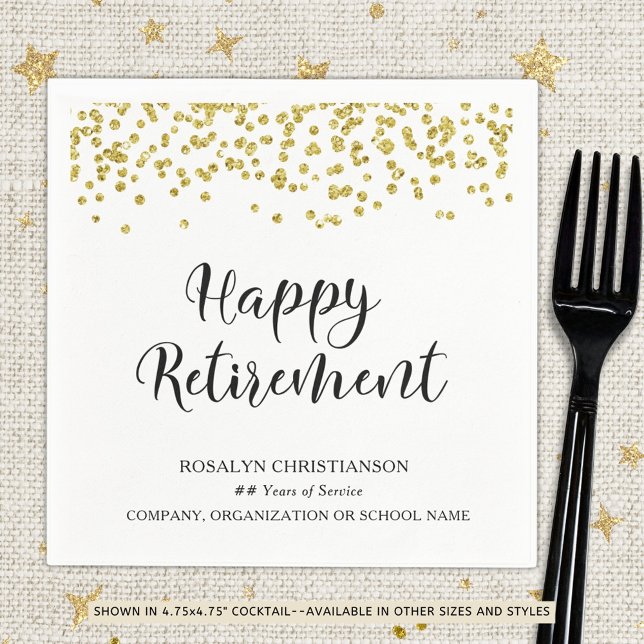 RETIREMENT Handwritten Script Gold Confetti Name Napkin (Creator Uploaded)
