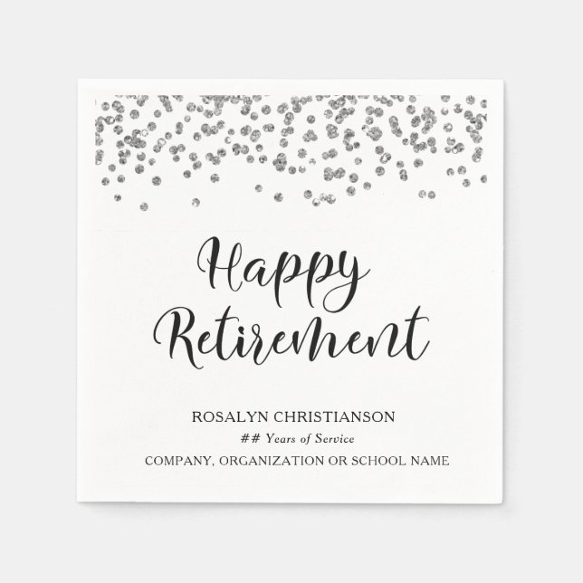 RETIREMENT Handwritten Script Silver Confetti Name Napkin (Front)