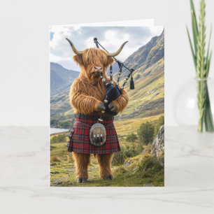 Retirement Highland Cow Playing the Bagpipes Card