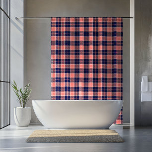 Retirement Home Curtain Coral Navy Plaid Design