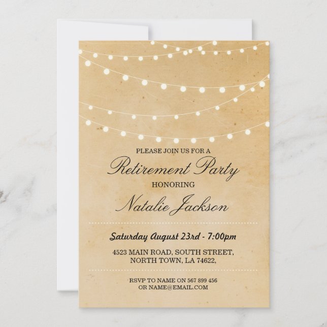 Retirement Invitation Vintage String Lights Invite (Front)
