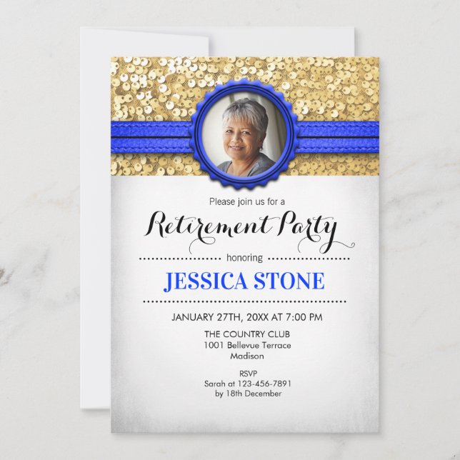 Retirement Invitation With Photo - Royal Blue Gold (Front)