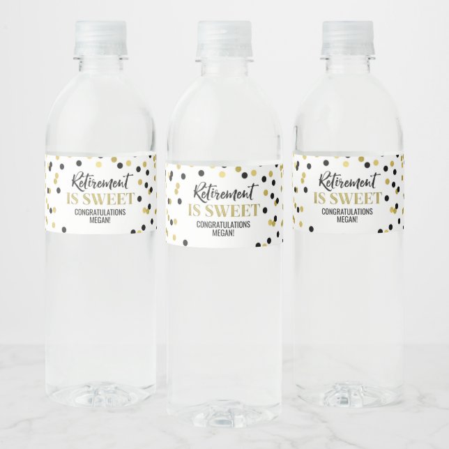 Retirement is sweet Black Gold Confetti Water Bottle Label (Bottles)