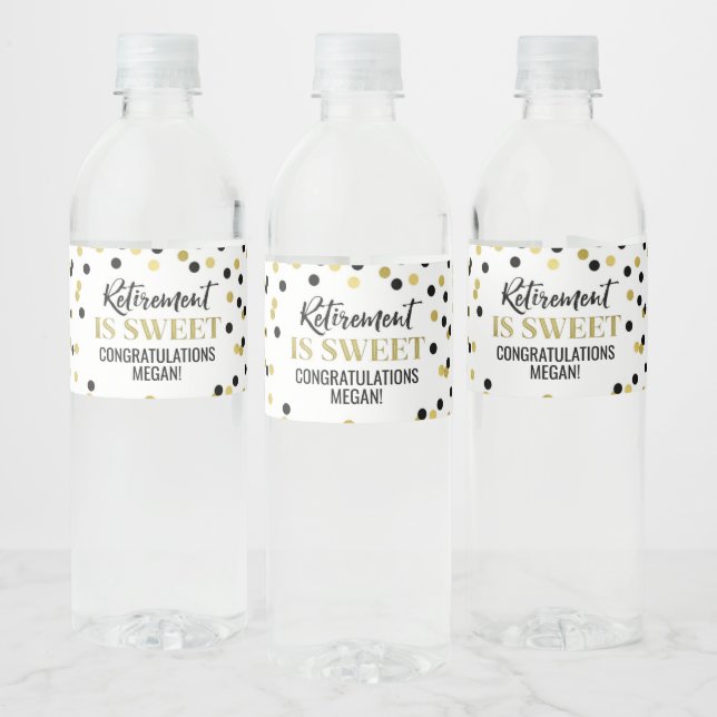 Retirement is sweet Black Gold Confetti Water Bottle Label (Bottles)