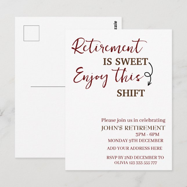 Retirement Is Sweet Enjoy This Shift Retirement Postcard (Front/Back)