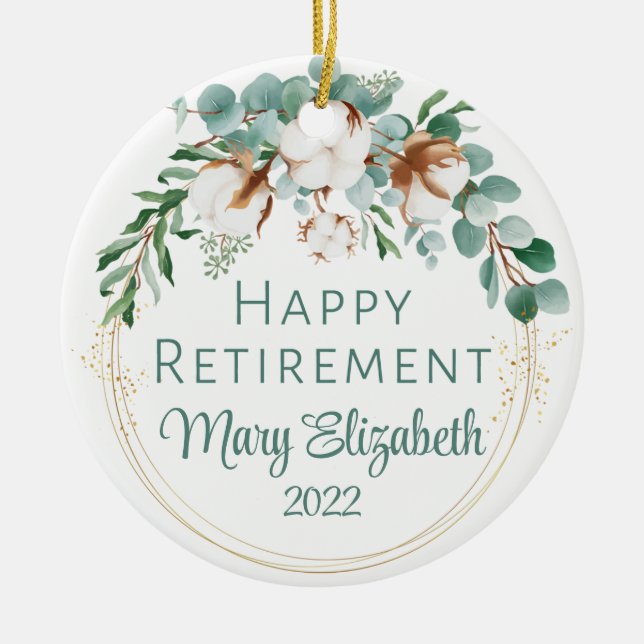 Retirement Keepsake Ornament, Cotton & Eucalyptus Ceramic Ornament (Front)