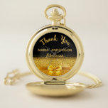 Retirement librarian black gold bow thank you pocket watch<br><div class="desc">Elegant,  classic,  glamourous and feminine. A gift for a retired librarian.  A faux gold coloured bow and ribbon,  a bit of bling and luxury. Black background. With the text: Thank You,  templates for a name and occupation,  profession.</div>