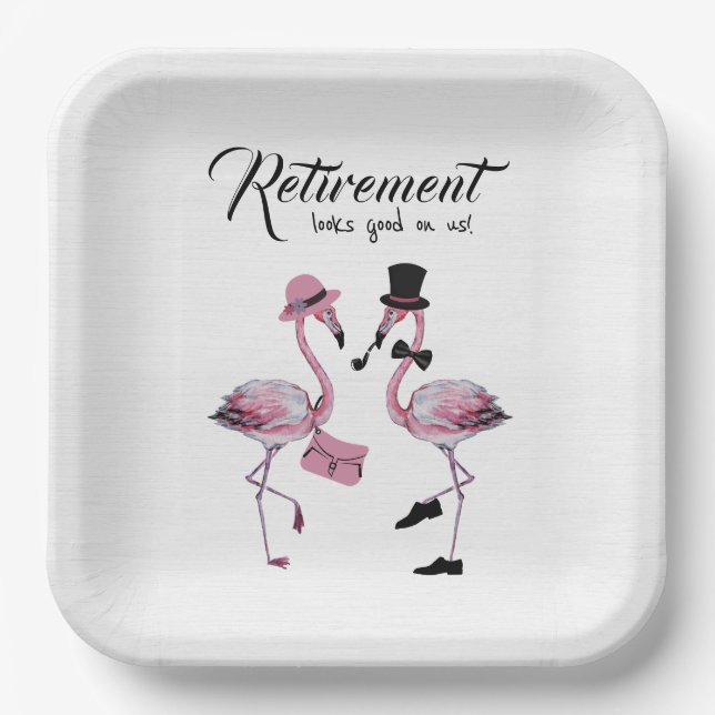 Retirement looks good on us! Chic Classy Flamingo Paper Plate (Front)