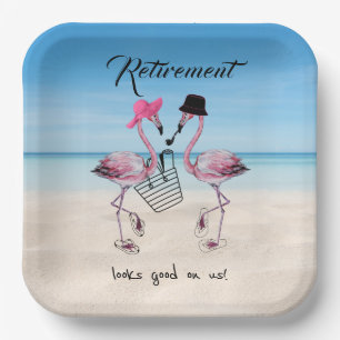 Retirement looks good on us! Flamingo on Beach Paper Plate