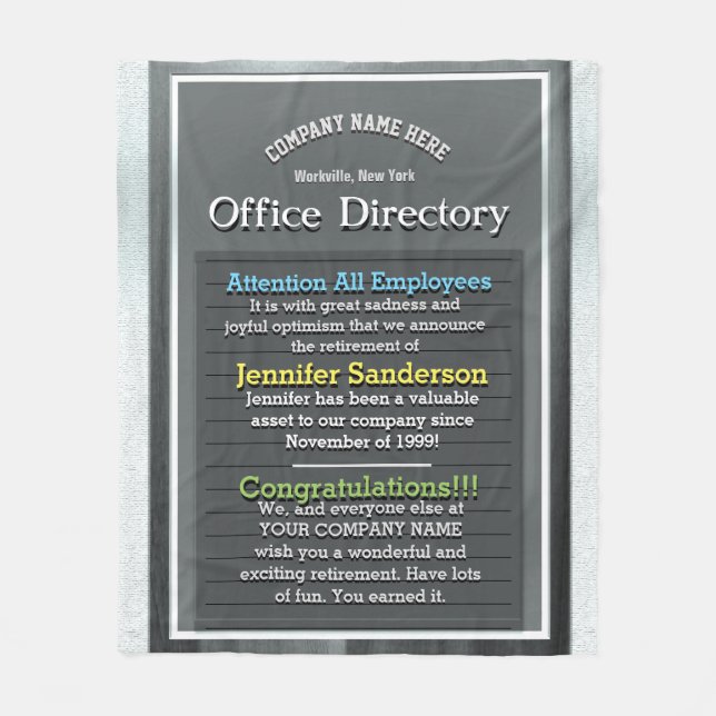 Retirement Message on an Office Directory SIgn Fleece Blanket (Front)
