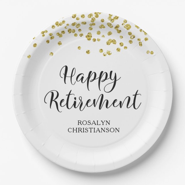 Retirement Modern Gold Confetti Name Paper Plate (Front)