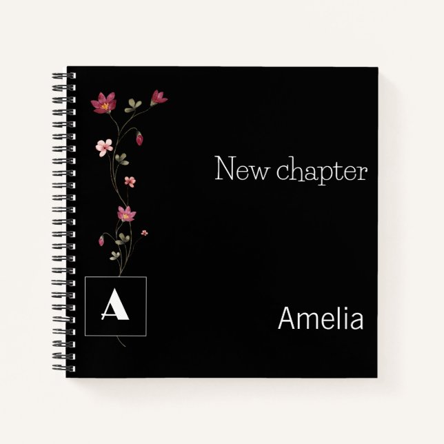 Retirement monogram watercolor floral name black notebook (Front)
