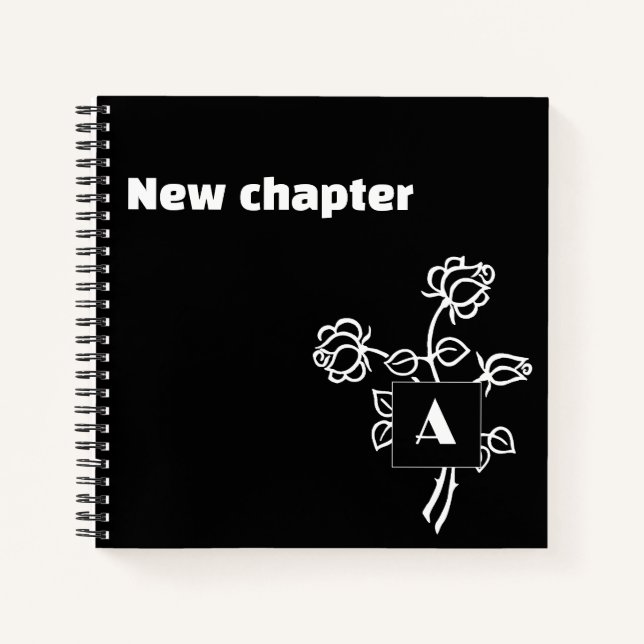 Retirement monogram watercolor rose black white notebook (Front)