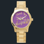 Retirement music teacher purple gold notes watch<br><div class="desc">Simple and elegant retirement gift for a female music teacher! A classic Purple coloured background with faux gold music notes. Template for a name,  and the thext: Thank You,  golden letters.   Thank you is written with a modern hand lettered style script.</div>